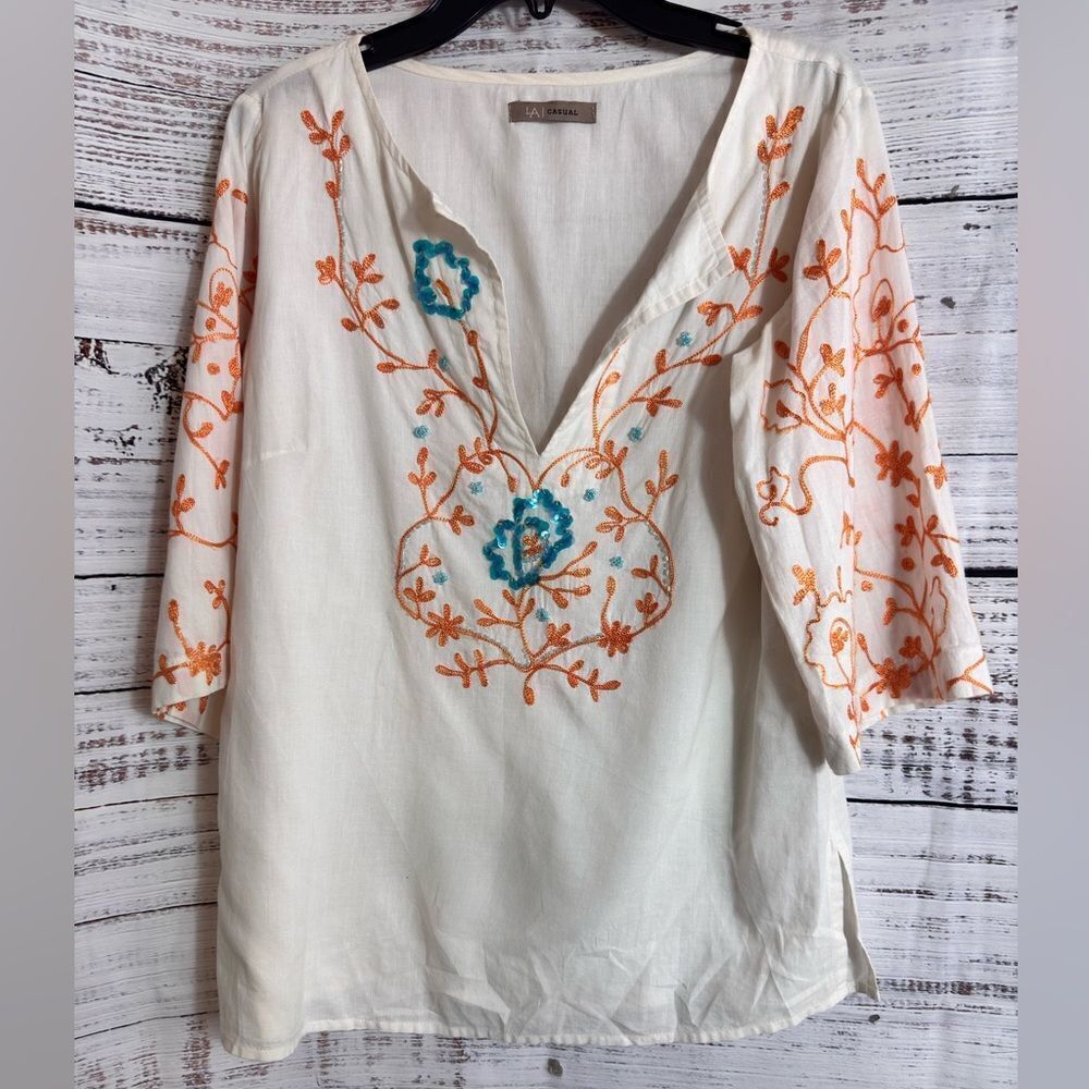LA Casual Top Womens Size‎ Small Tunic Sequin Beaded Cotton Embroidered Boho